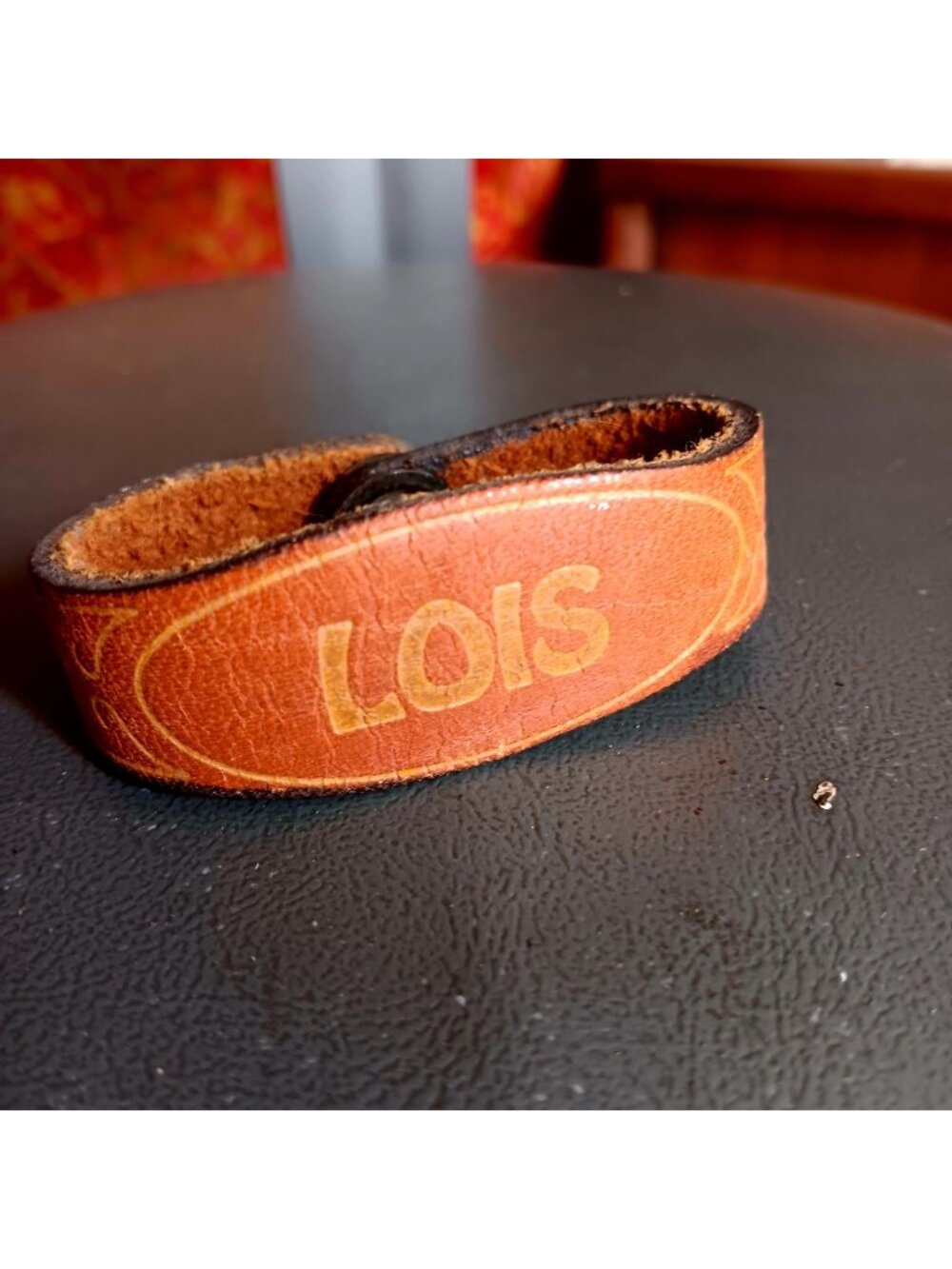 Vintage Brown Leather 1970's Hippy Bracelet "Lois" Engraving & Snap Closure 7 "